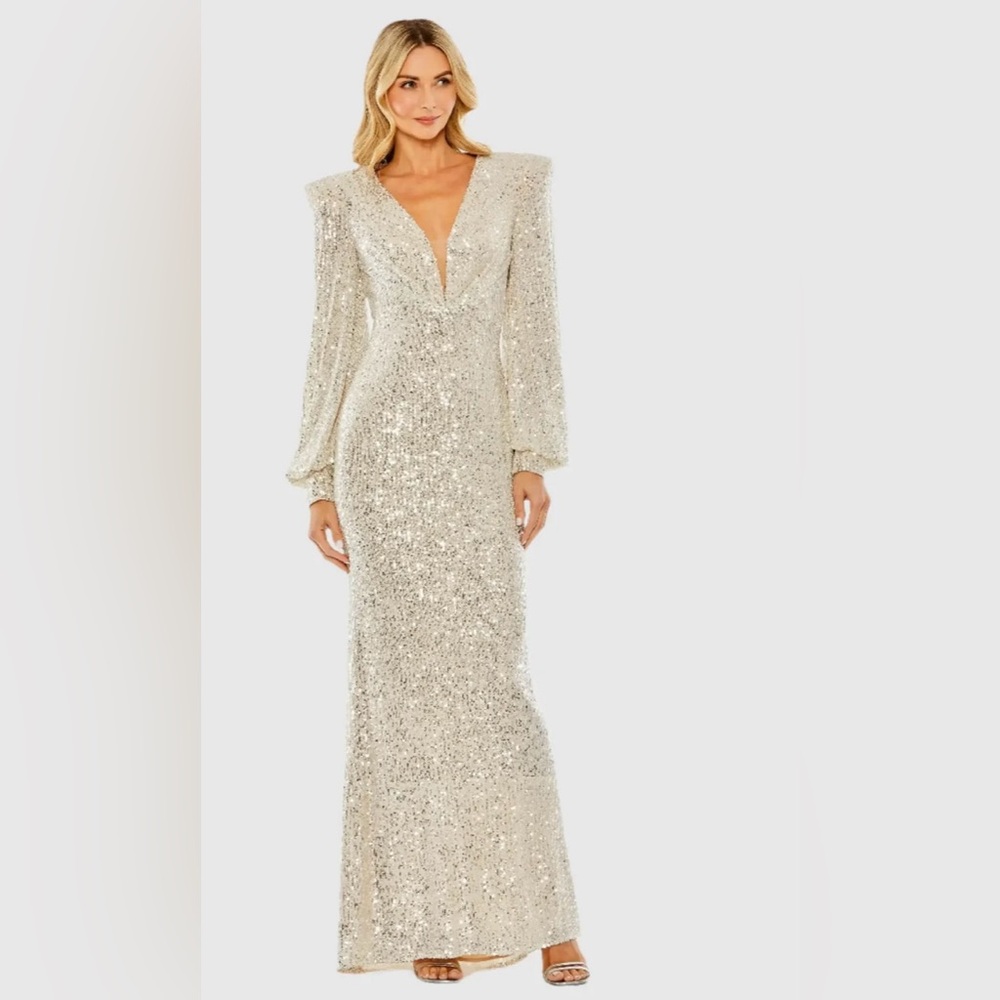 Ieena by Mac Duggal Elegant Silver Sequin Evening Gown Size 16